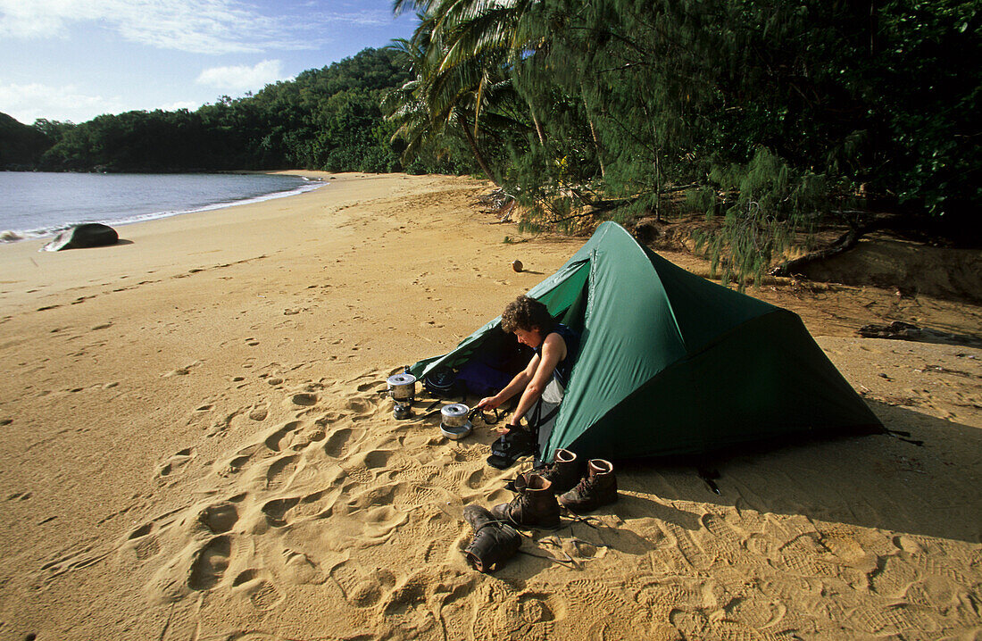 Beach camping, Hinchinbrook tropical Island, Queensland, Australia