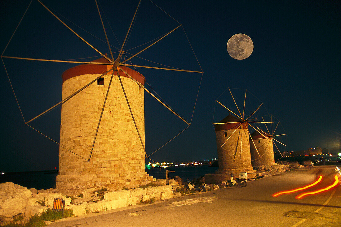 Rhodes windmills in the harbour at night, Rhodos City, Mandraki, Aegean, Greece