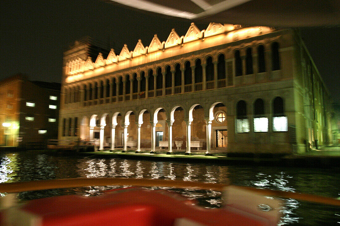 On a boat at Palazzo Fondaco de Turchi, Vaporetto on the Canale Grande, San Croce, Venice, Italy