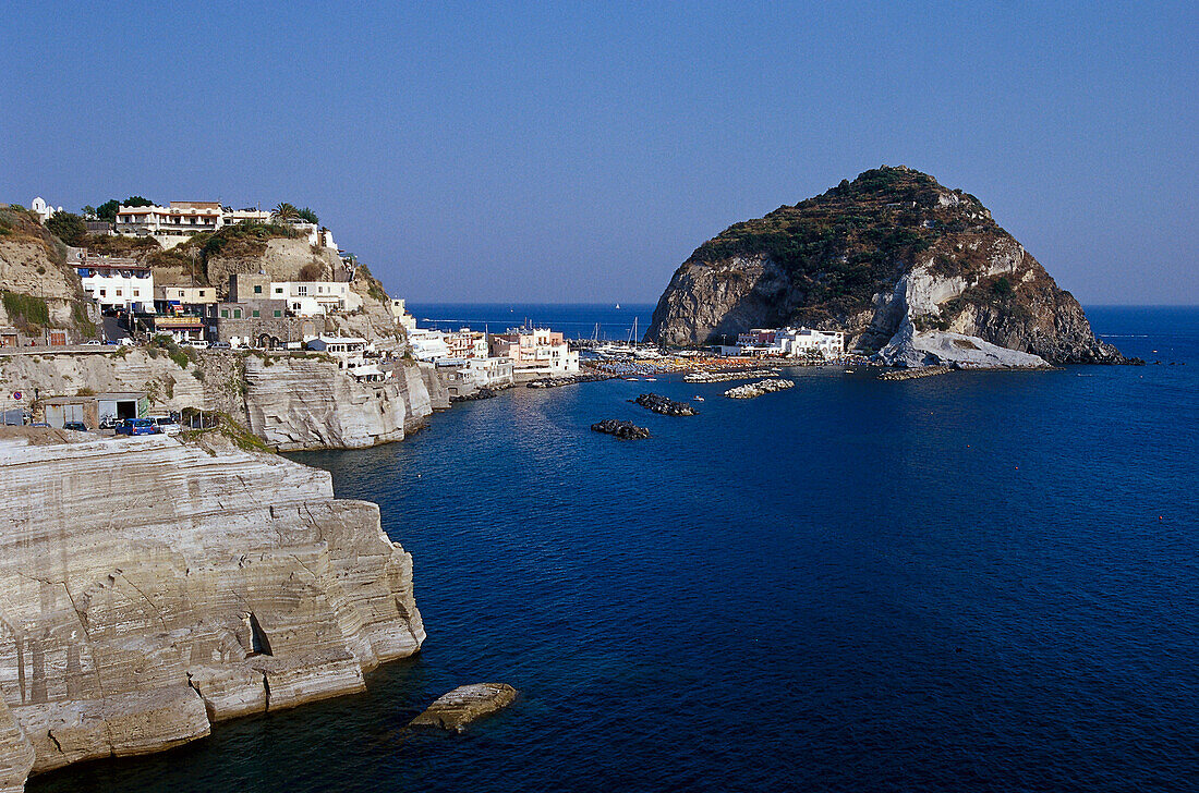 View at rocks and the seaport Sant Angelo, Ischia, Campania, Italy, Europe