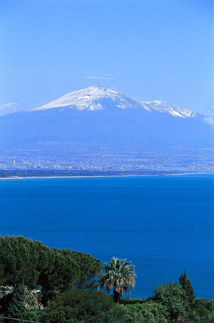 View at the Gulf of Catania and the town Catania beneath Mount Etna, Sicily, Italy, Europe