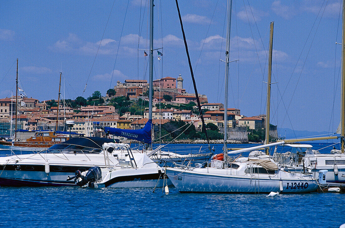 Yachts in front of the seaport Portoferraio, Elba, Tuscany, Italy, Europe