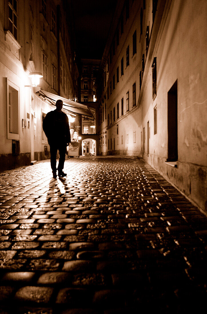 Person on alley in the night, Vienna, Austria