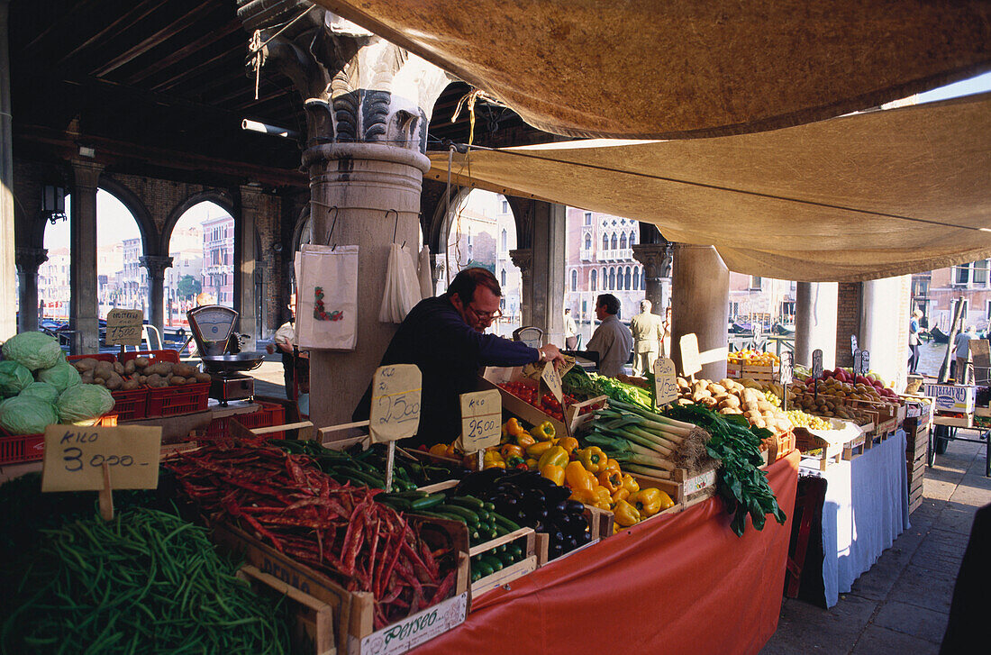 Stand with vegetables at the Rialto market, Venice, Italy, Europe