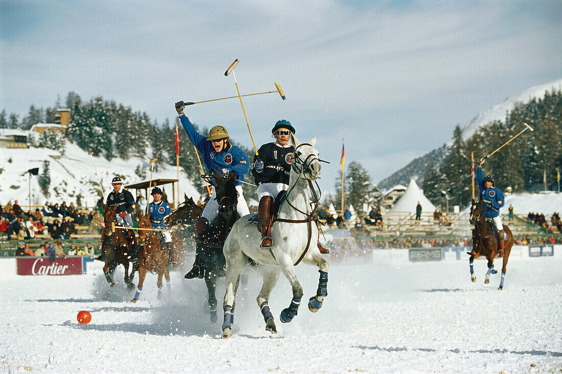 Menschen spielen Polo im Schnee, St. Moritz, Graubünden, Schweiz, Europa
