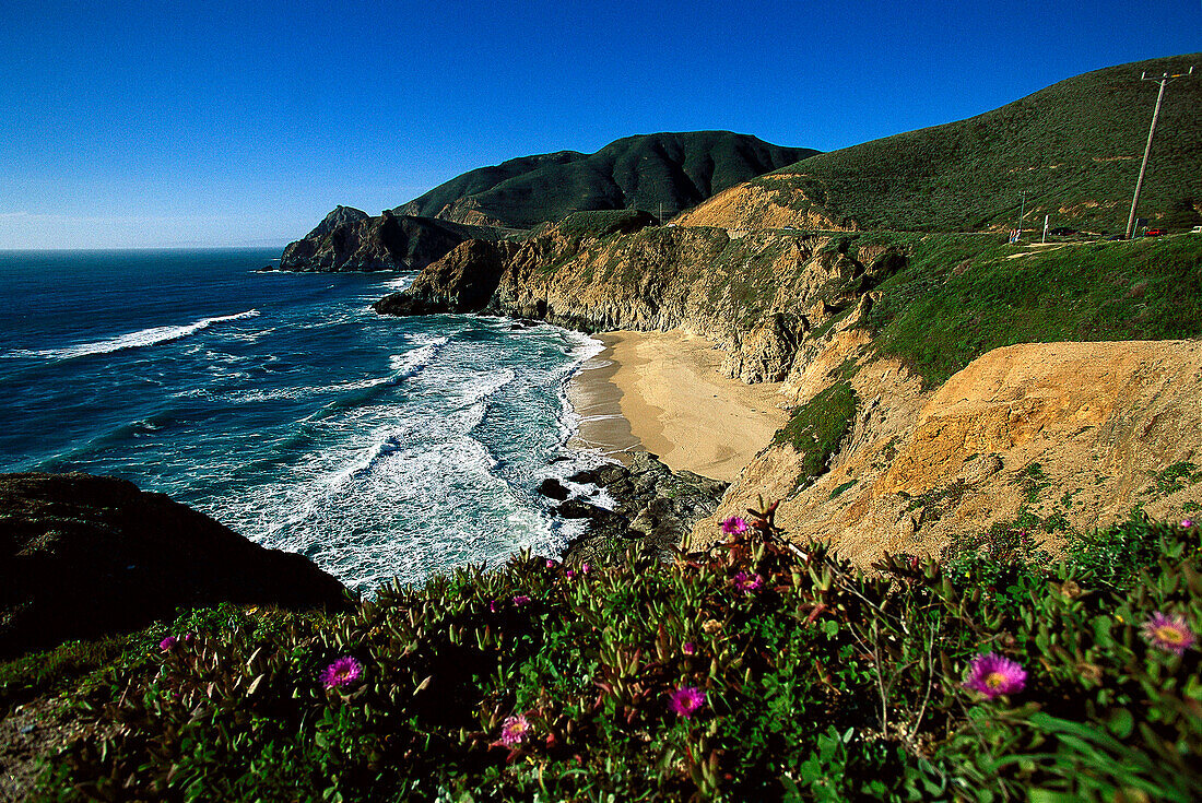 Coast area and Highway No 1 under blue sky, California, USA, America