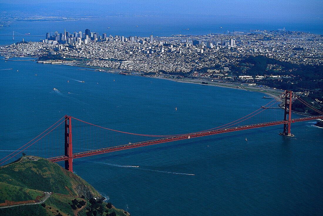 Aerial view of the Golden Gate Bridge and view at San Francisco, California, USA, America