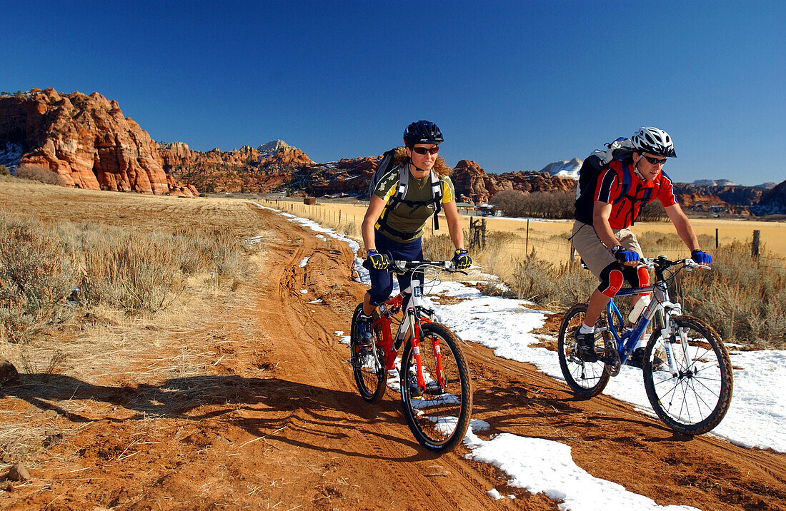 Zwei leute fahren mit den Mountainbikes, Mountainbike Tour, Gooseberry Trail, Zion Nationalpark, Springdale, Utah, USA