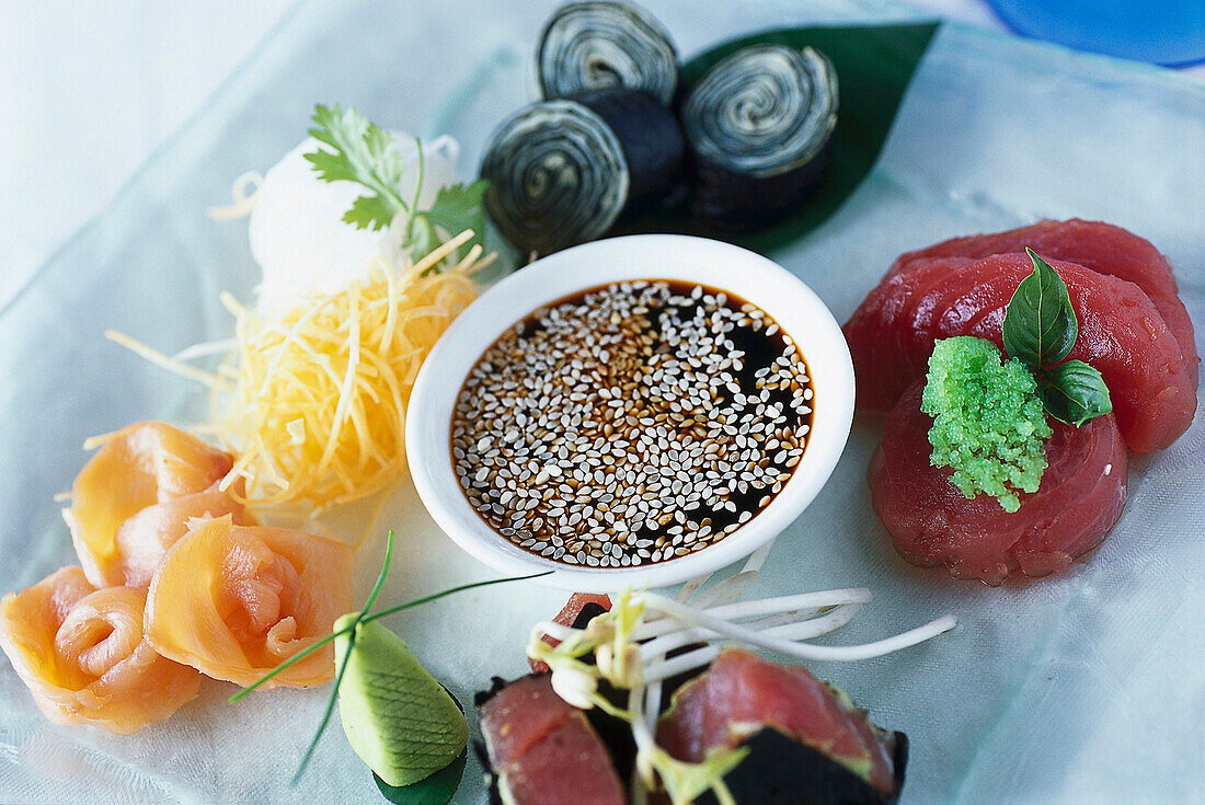 Ein Teller mit Sushi, Hotel Oberoi, Mauritius