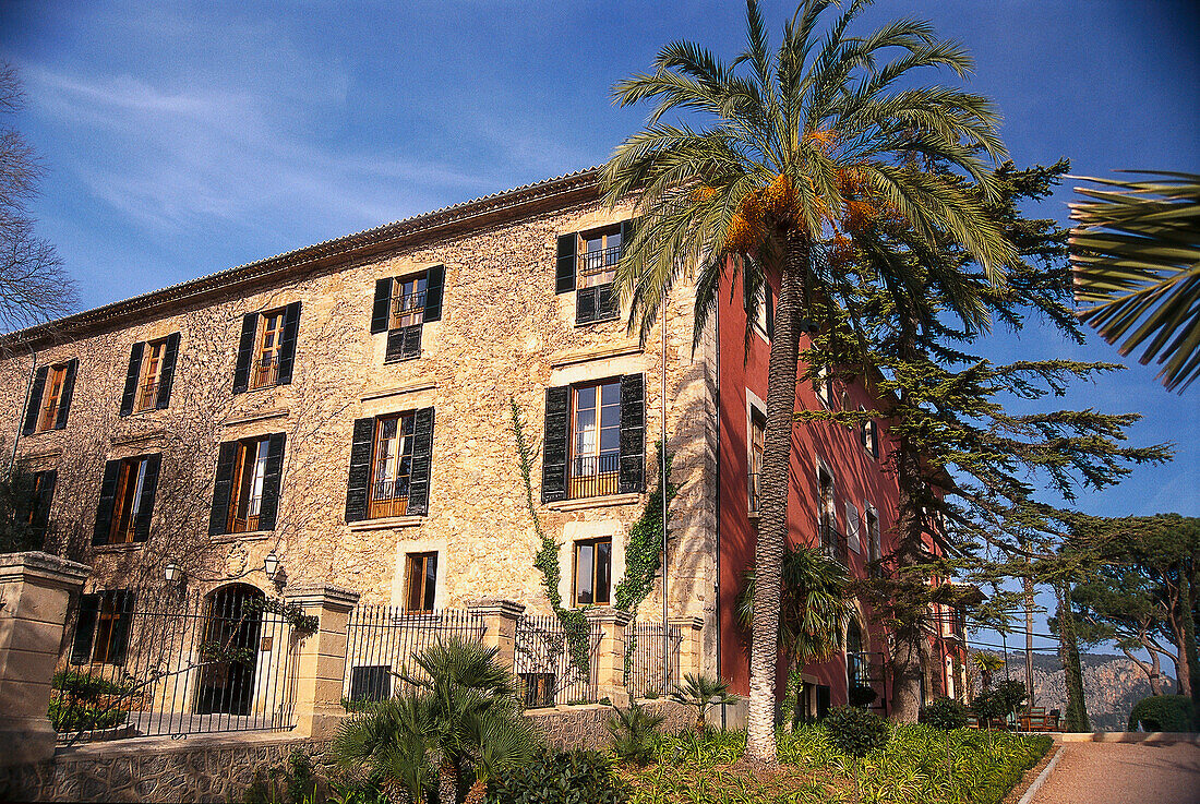 View at Gran Hotel Son Net under a blue sky, Puigpunyent, Majorca, Spain