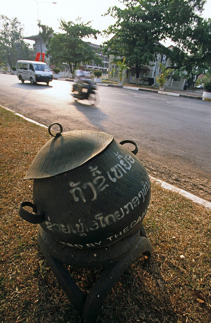 rubbish bin on roadside, Vientiane, Laos