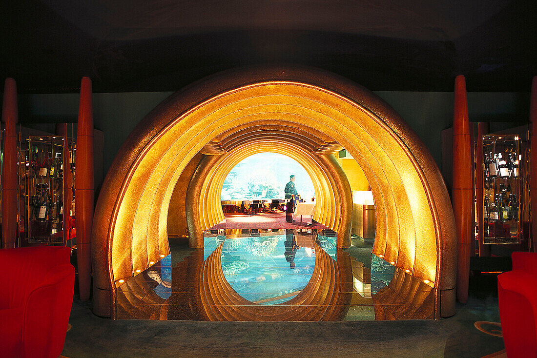 Interior view of the restaurant Al Mahara at Hotel Burj Al Arab, Dubai, United Arab Emirates