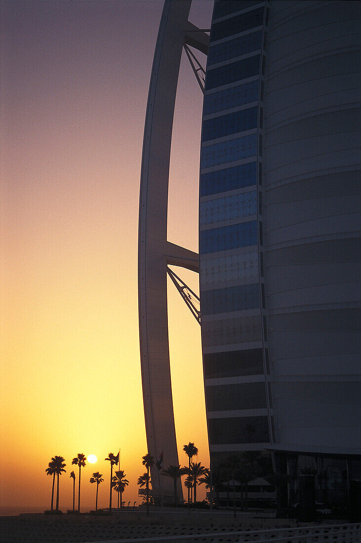The facade of Hotel Burj Al Arab at sunset, Dubai, United Arab Emirates