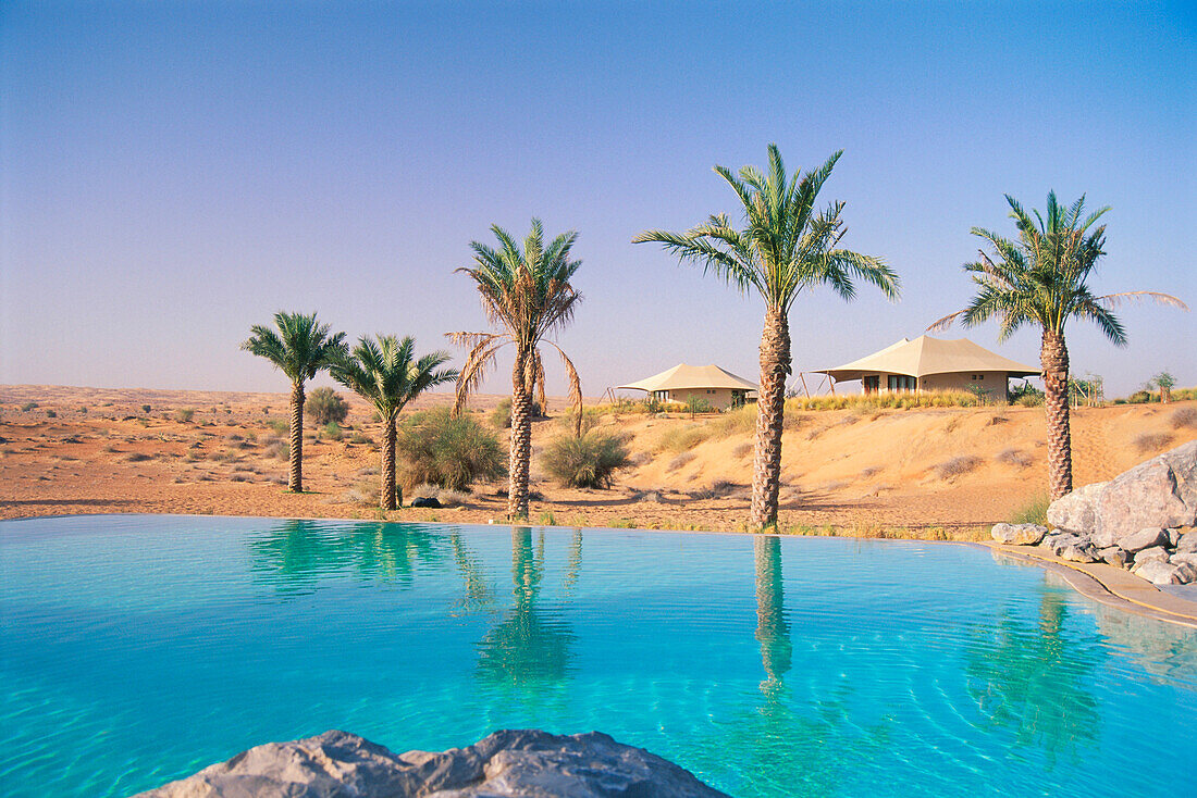 Palmen stehen am Pool des Al Maha Desert Resort, Dubai, Vereinigte Arabische Emirate