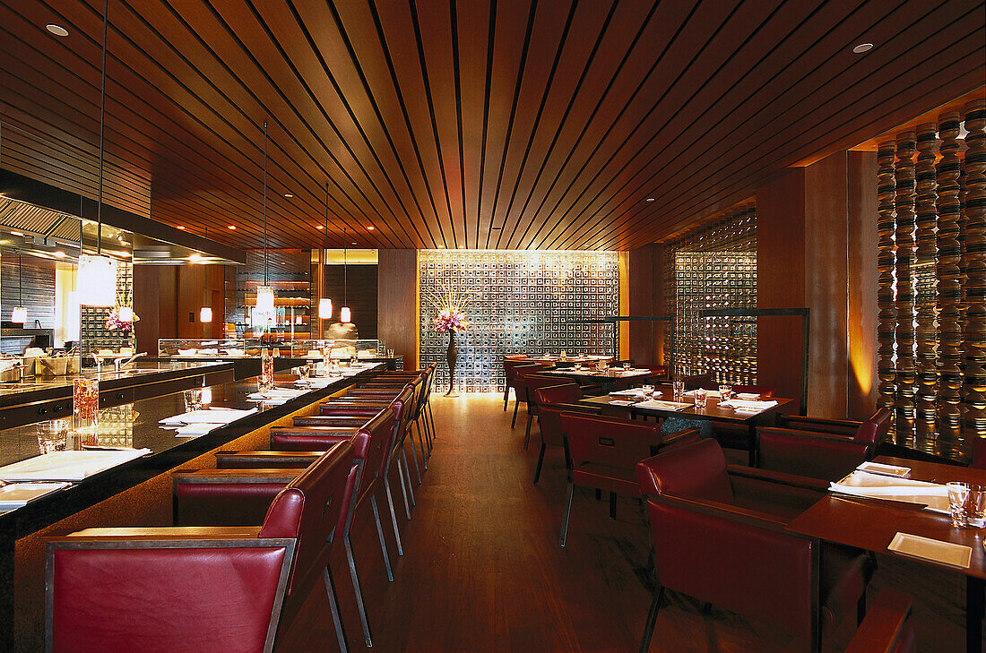 Interior view of the deserted Restaurant La Scala, Hotel Sukhothai, Bangkok, Thailand