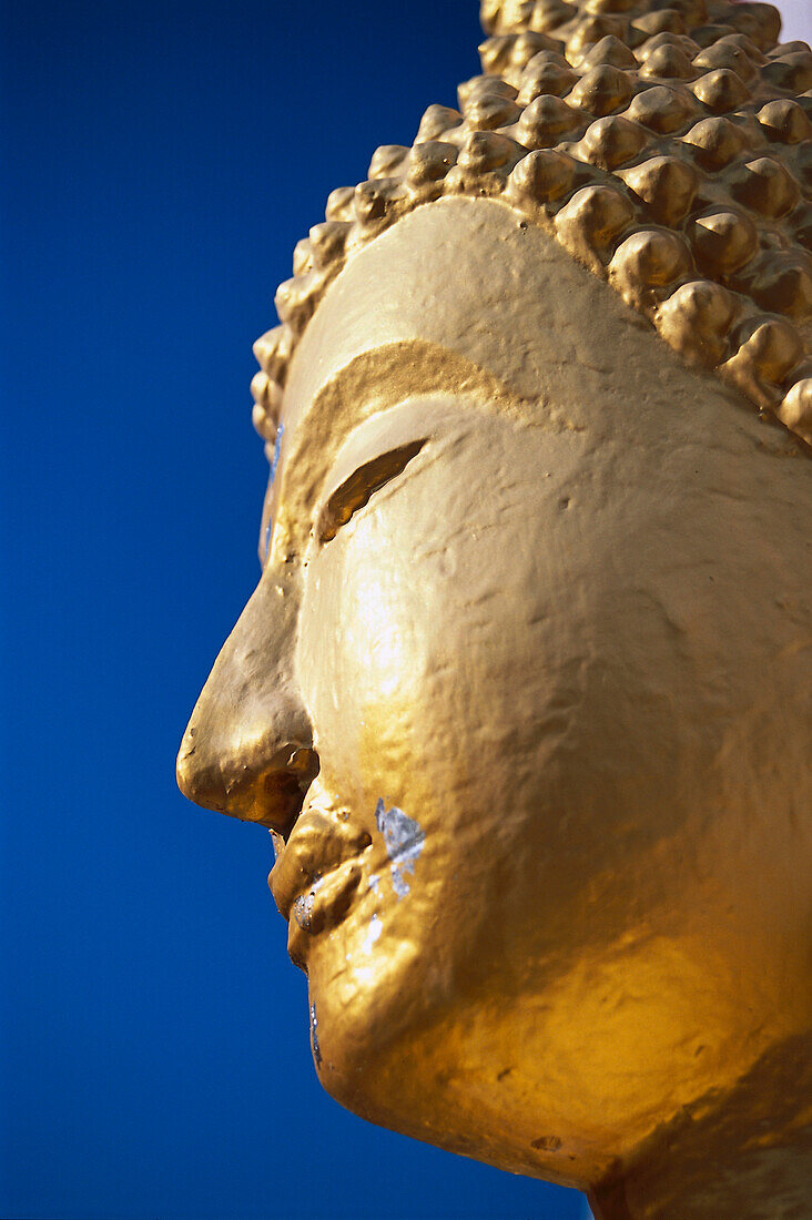 Big golden Buddha statue under blue sky, detail, Koh Samui, Thailand, Asia
