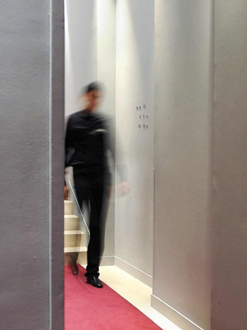 Elegant hotel corridor with blurred person in background