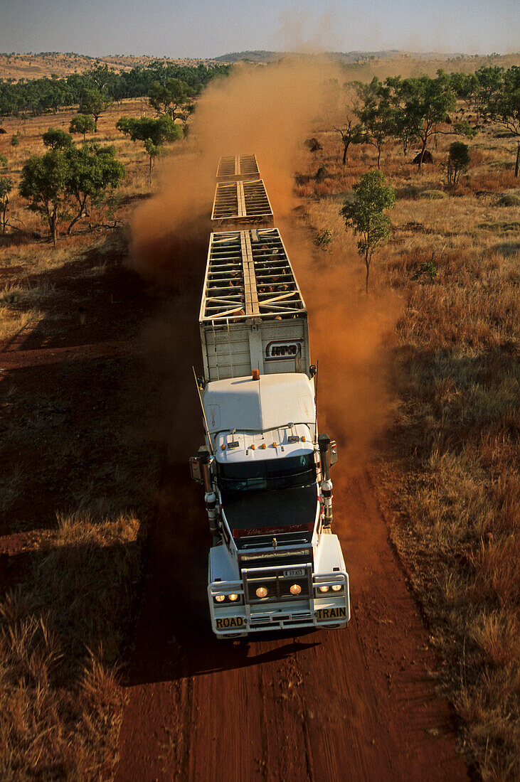 aerial view of cattle truck on dirt road, Kimberley, Australia