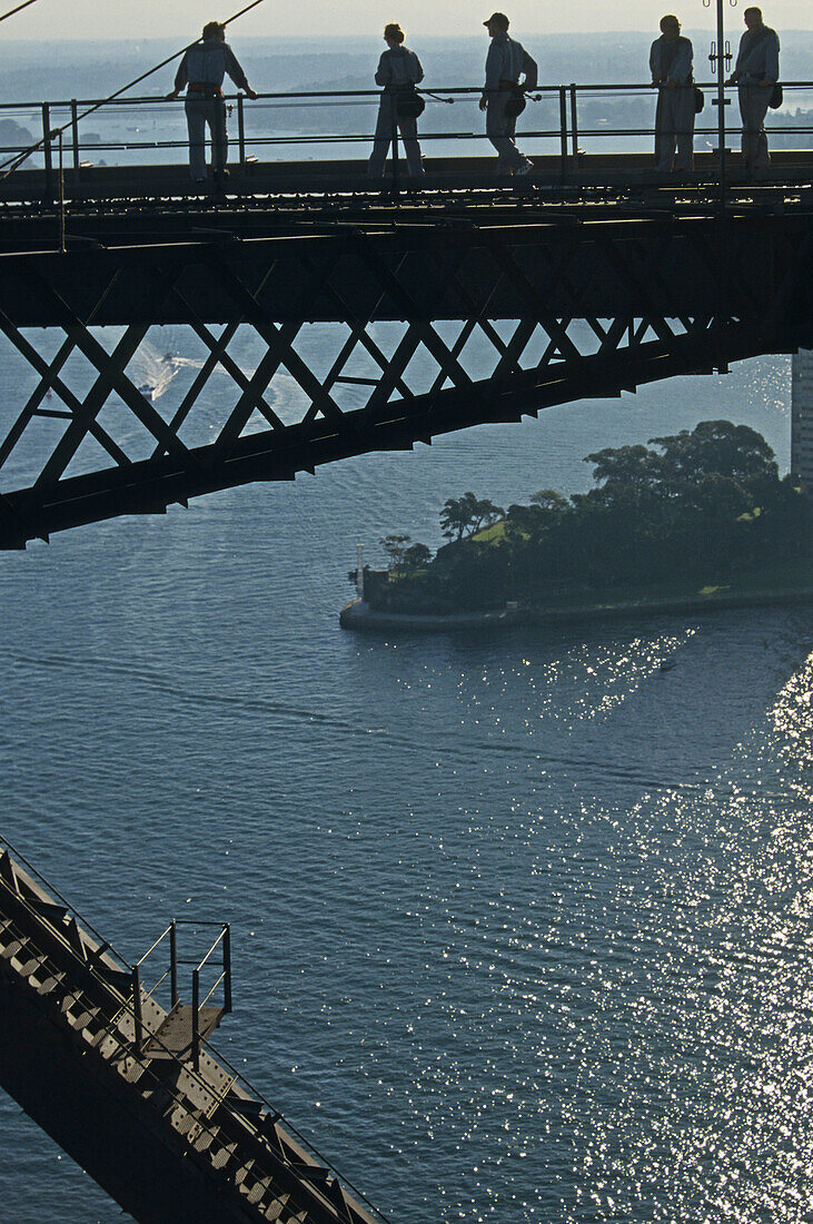 Tourists standing on top of the Harbour Bridge, Harbour Bridge, Sydney, Sydney Harbour, New South Wales, Australia