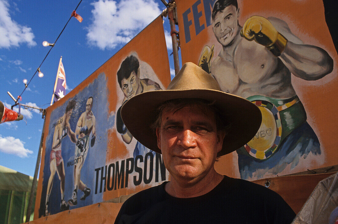 Fred Brophy and his boxing tent, Birdsville, Queensland, Australia