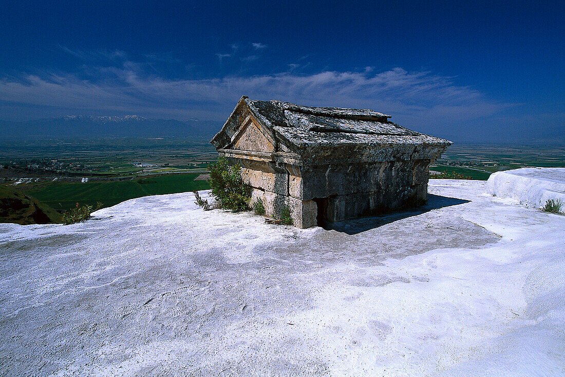 Antike sarcophagus, Limestone sinter terraces, Pamukkale, Denizli, Turkey