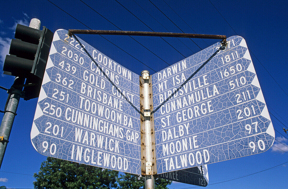 Direction sign in Goondiwindi, Australien, Australia, Sign at an intersection showing many places in different directions, Strassenschild mit viele Orte und Entfernungen