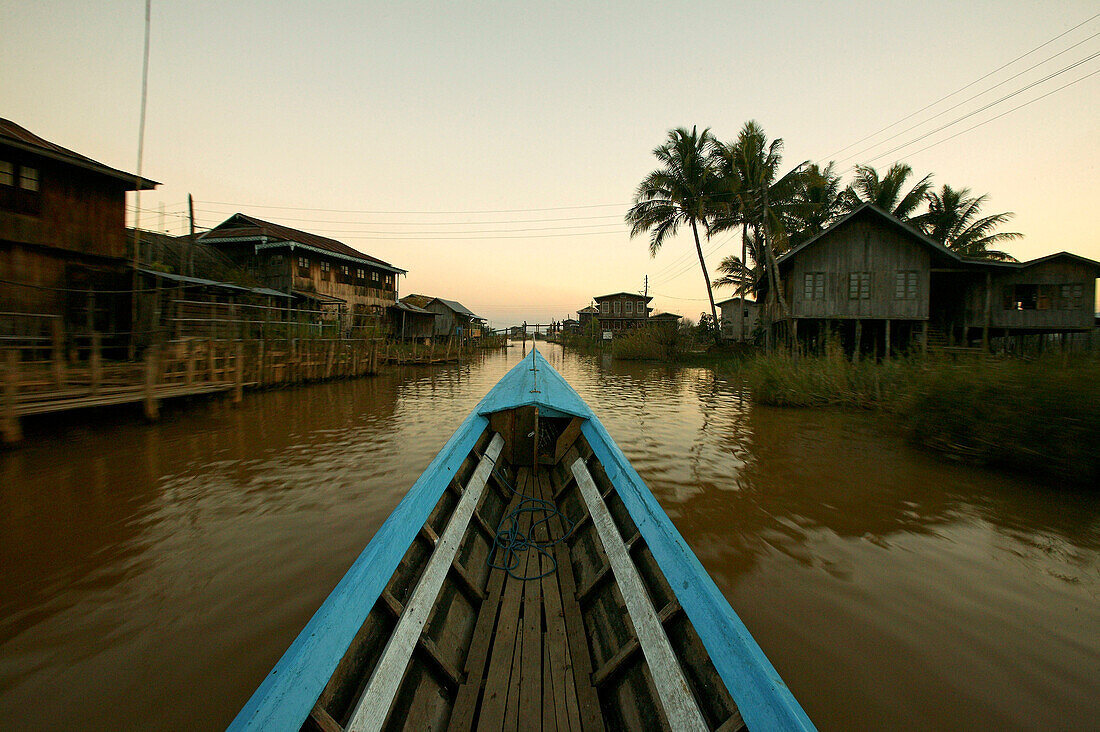 longboat, village on stilts, Inle Lake, Myanmar