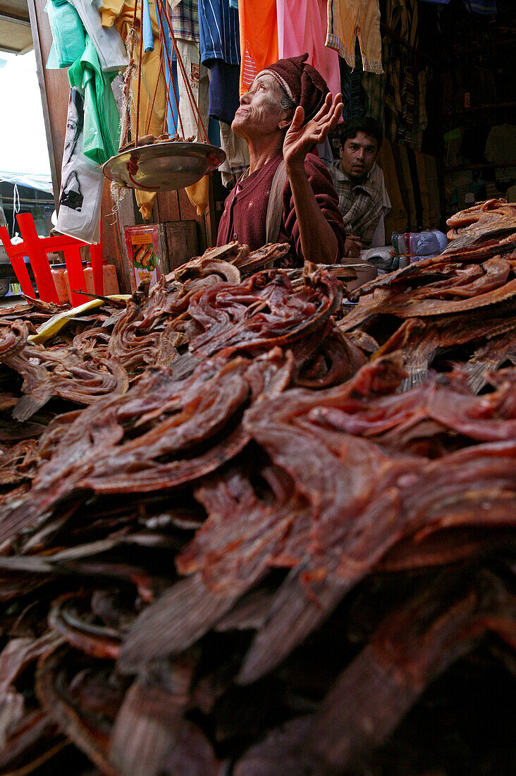 Dried fish, daily market, Taunggyi , Woman selling dried fish at Taunggyi market, capital of Shan Province Verkauf Trockensich, Taunggyi, Hauptstadt der suedlichen Shan-Stattes