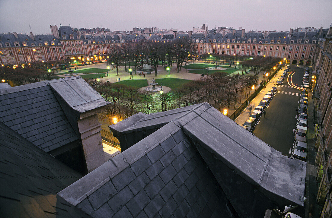 Place des Vosges, view from roof, Marais, Paris, France