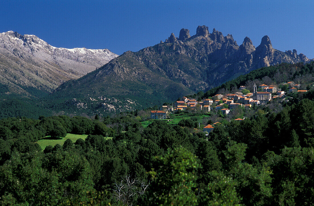 Zonza in front of Bavella and Monte Incudine, Corsica, France