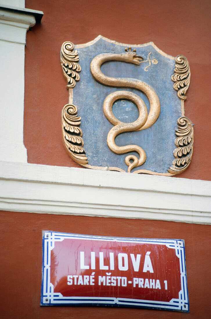Shiny street sign, Prague, Czech Republic