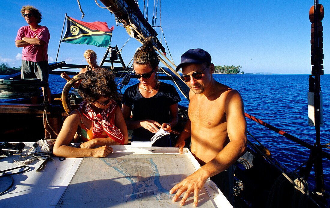Sailors, Read, Maps, Traditional Sailing Ship, French Polynesia, South Pacific