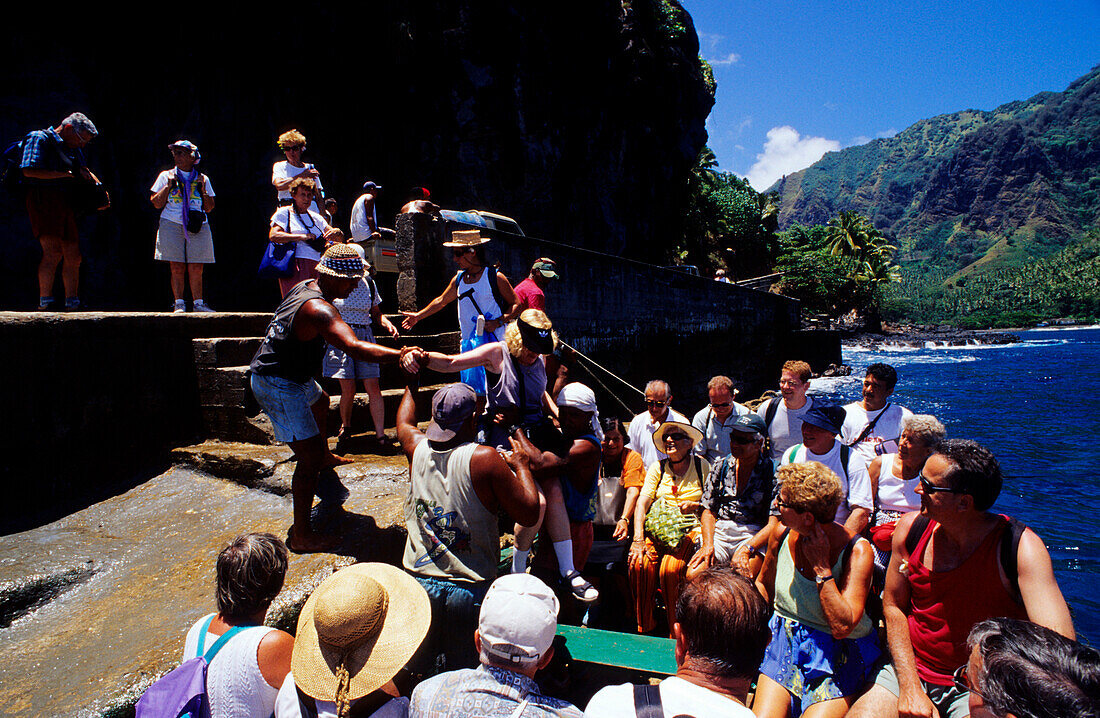 Tourists, Leave Boat, Omoa, Fatu Hiva, Marquesas French Polynesia, South Pacific
