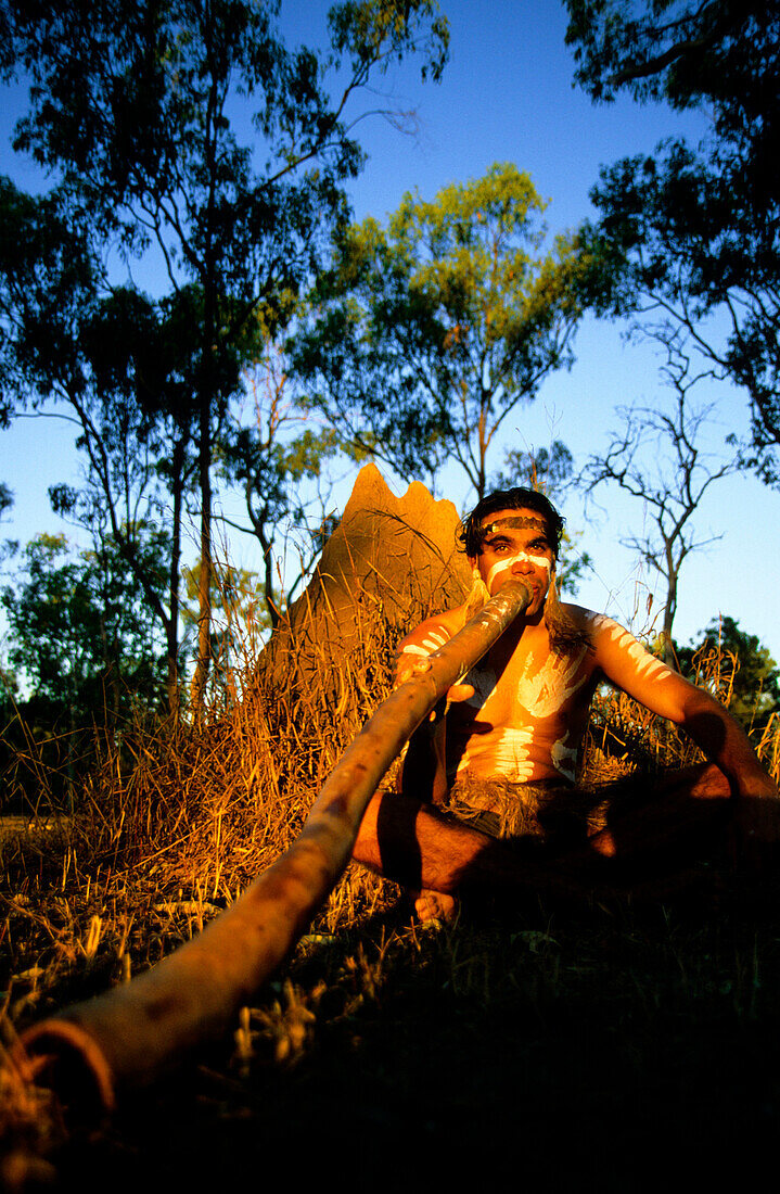 Ein Aborigine spielt ein Didgeridoo, Townsville, Queensland, Australien