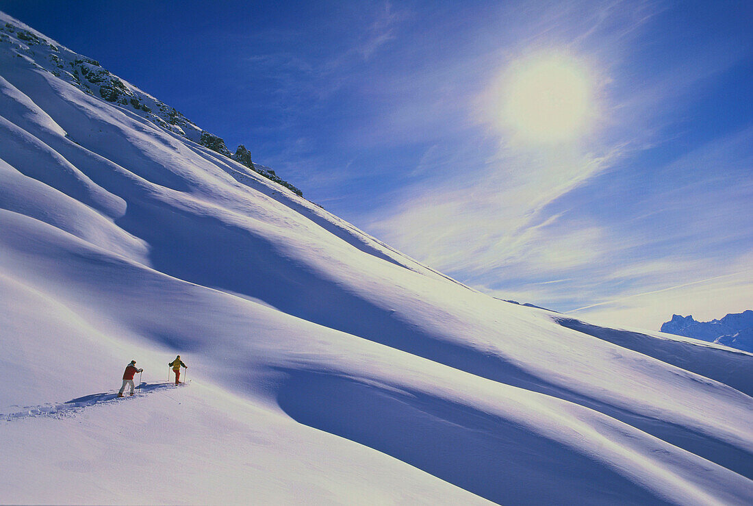 Skiing tour above Zuers, Lech at Arlberg, Vorarlberg, Austria