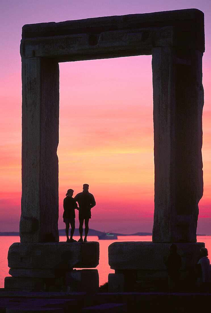 Sundown, Temple gate, Palatia, Chora, Naxos, Cyclades, South Aegean, Greece