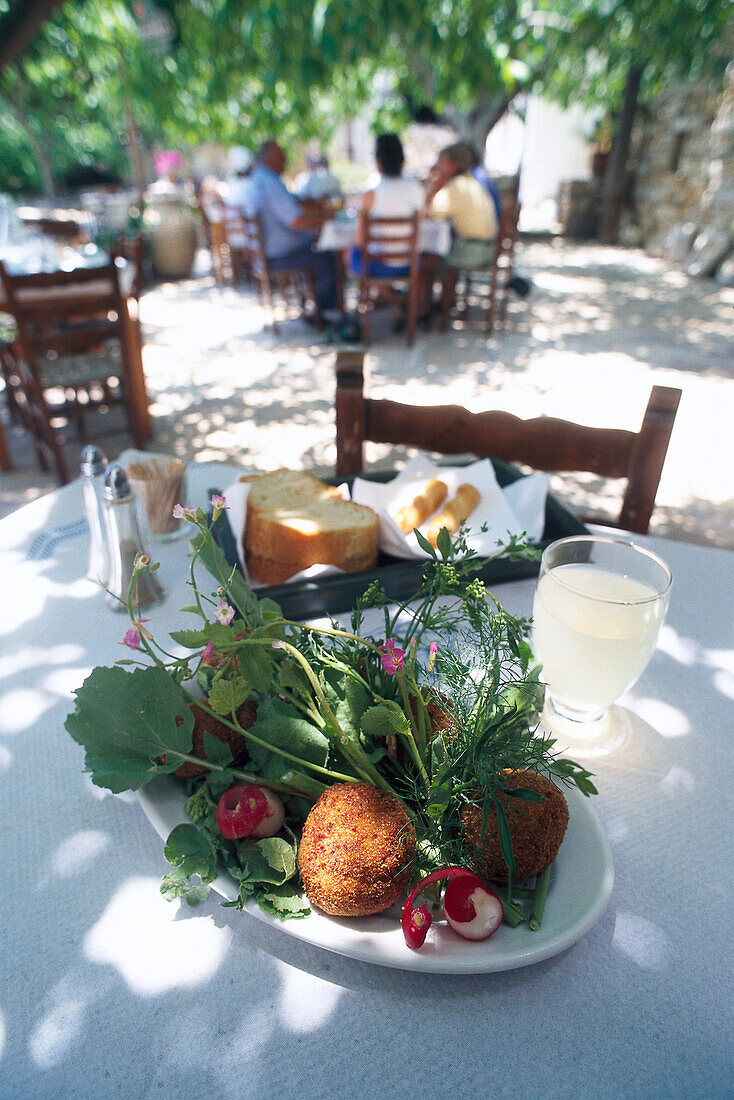 Greek dish, Melitzanikefthedes, Tavern, Apiranthos, Naxos, Cyclades, South Aegean, Greece