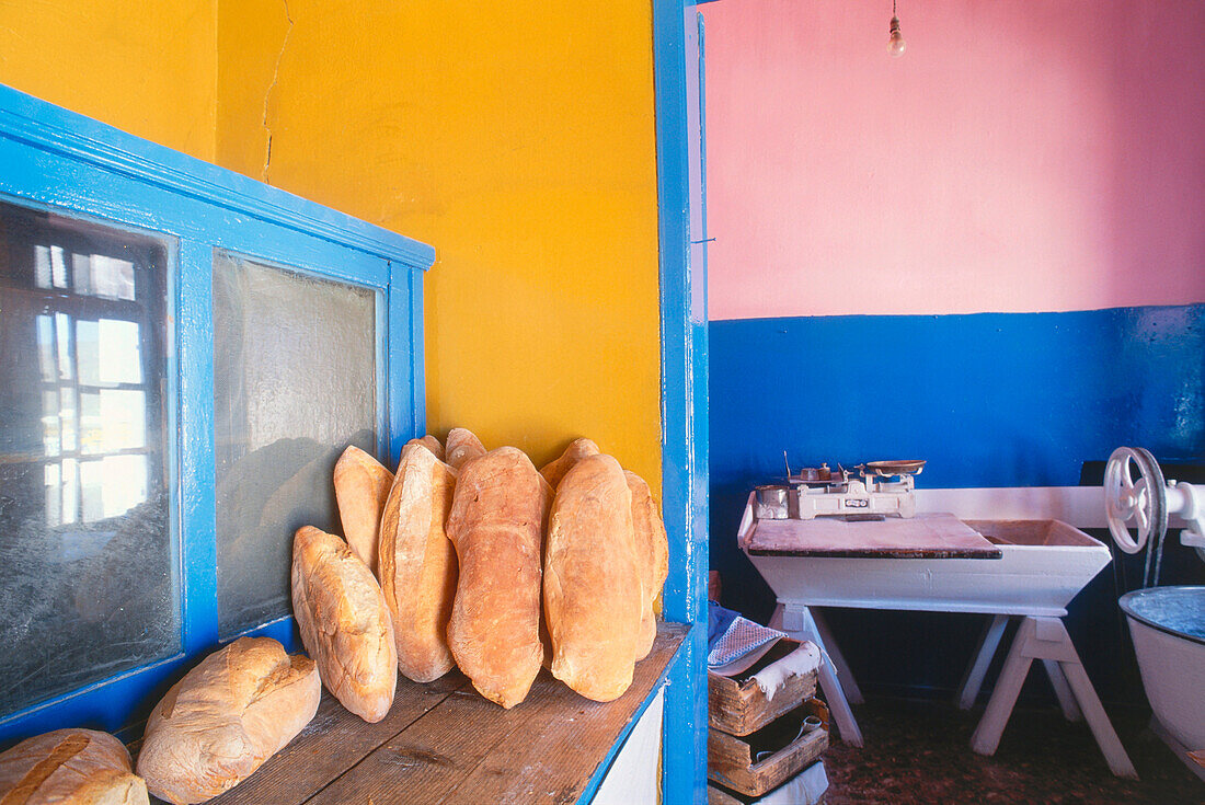 Bakery with coloured walls, Serifos, Cyclades, Greece