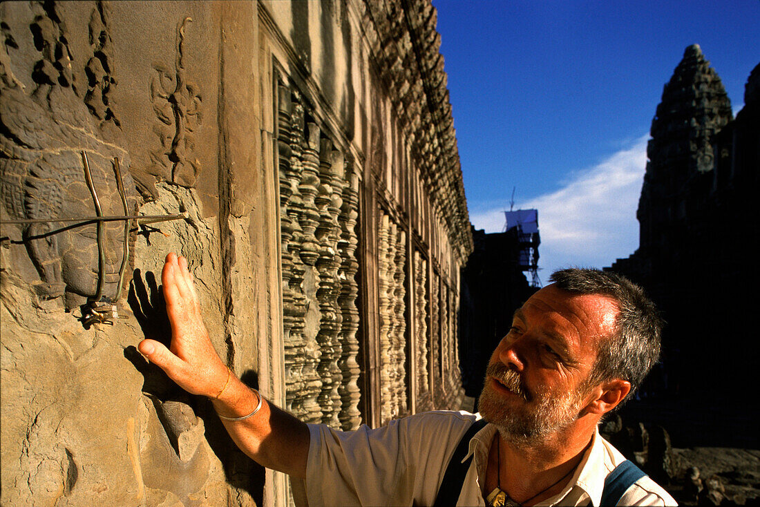 Secured apsara relief, German conservation team, Angkor Wat, Siem Raep Cambodia, Asia