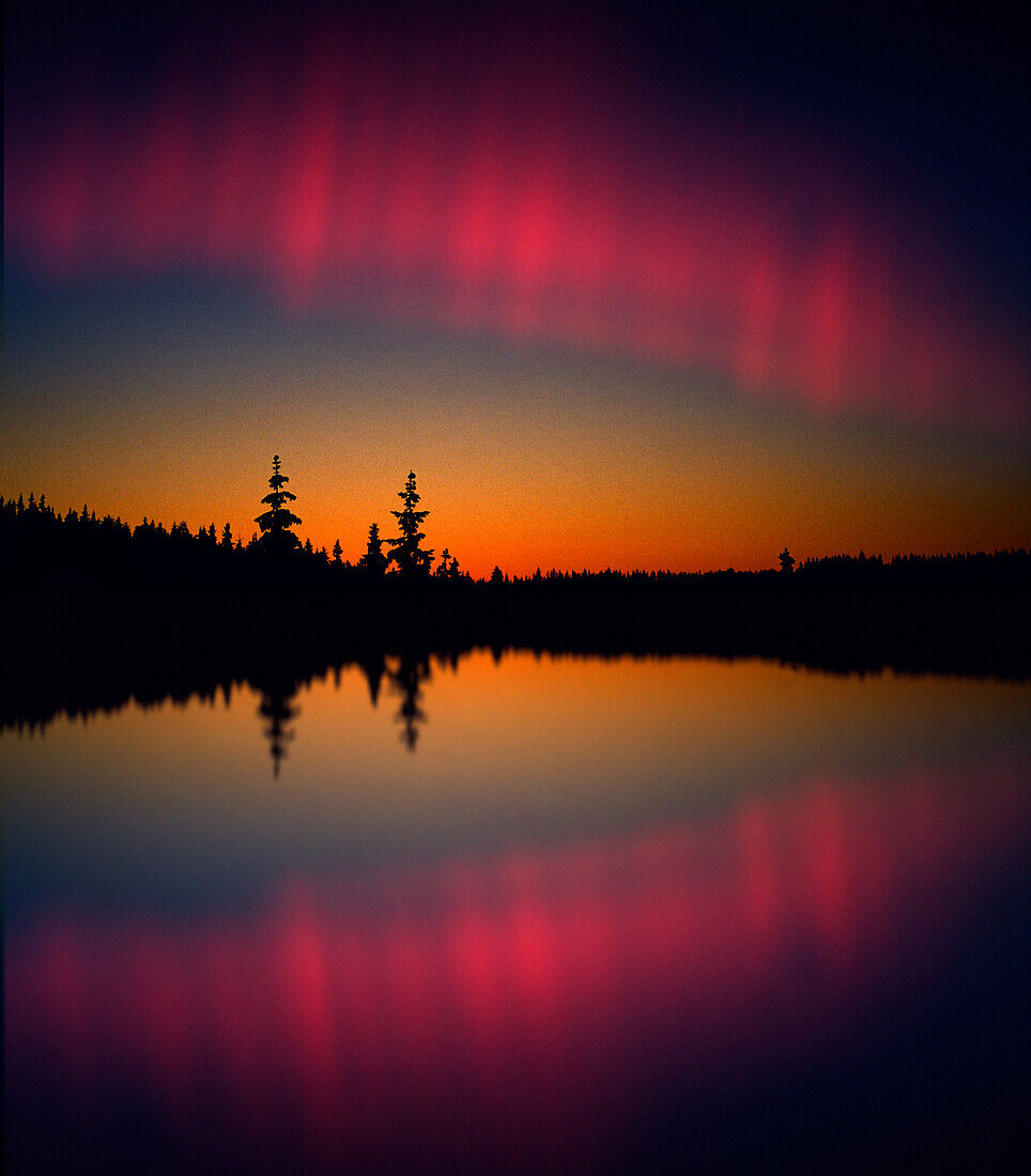 Nordlichter spiegeln sich in einem See, Lappland, Norwegen, Skandinavien, Europa