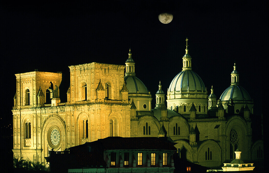Illuminted cathedral at night, Cuenca, Ecuador, South America, America