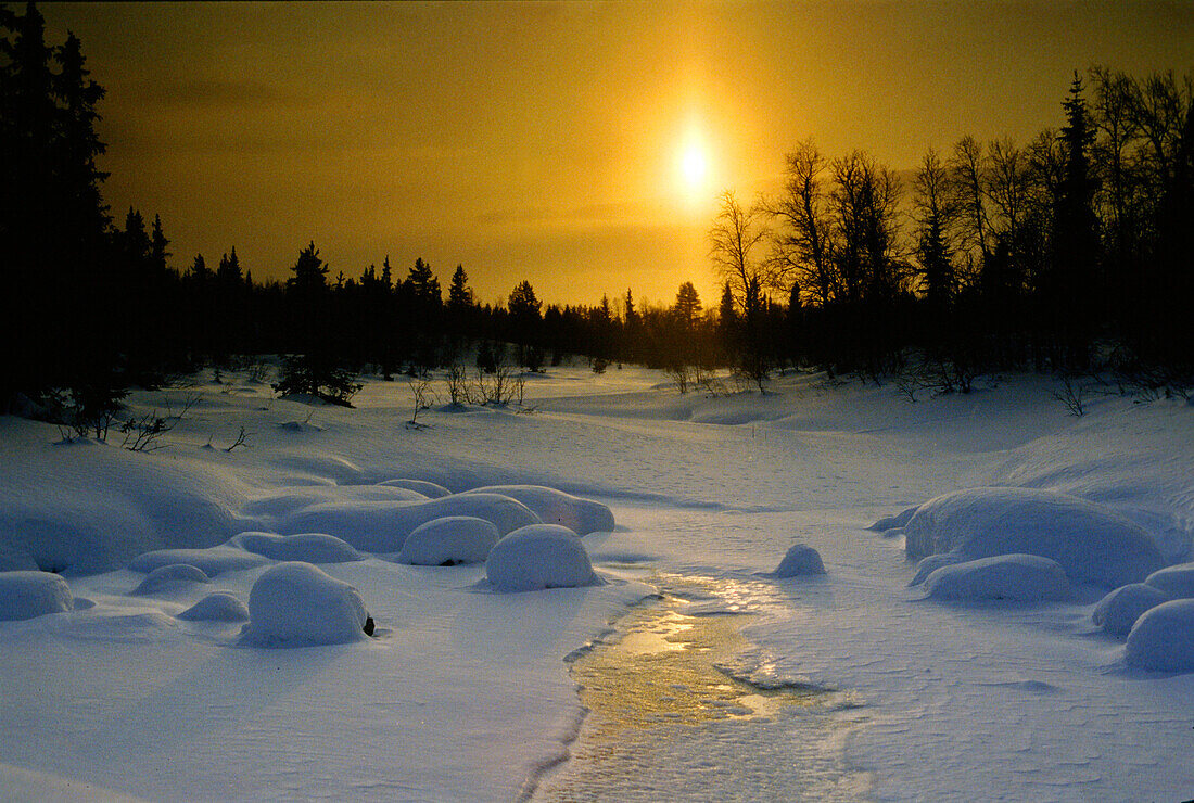 Winterlandschaft bei Sonnenuntergang, Lappland, Norwegen, Skandinavien, Europa