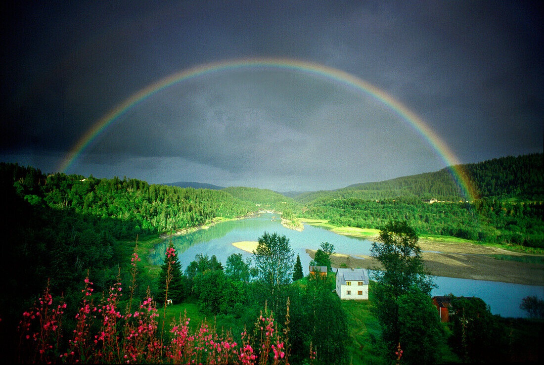Rainbow over Rana River near Mo I Rana, Mo I Rana, Norway, Scandinavia