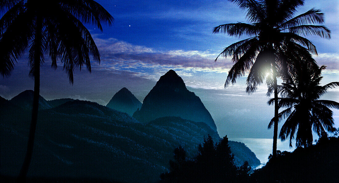 Palm trees and the mountains Two Pitons at moonrise, Soufriere, St. Lucia, Carribean, America