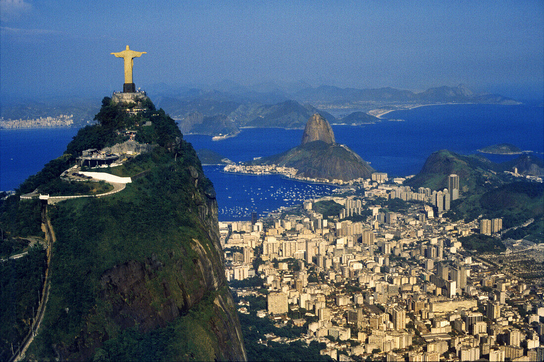 Aerial view of corcovado statue and sugarloaf, Rio de Janeiro, Brazil, South America, America