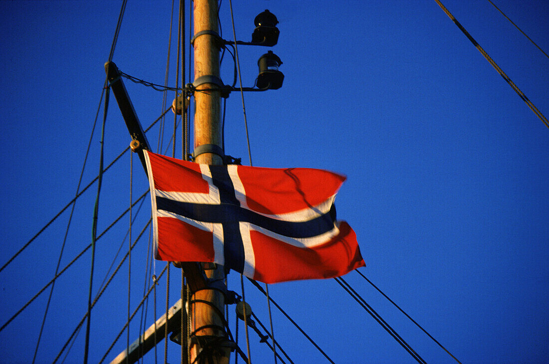 Norwegian flag on sailboat mast, Oslo, Norway Scandinavia