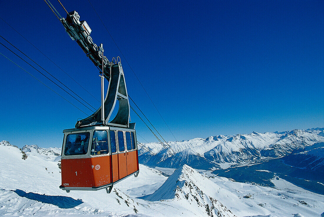 Piz Nair cablecar, skiing area Corviglia, St. Moritz, Grisons, Switzerland