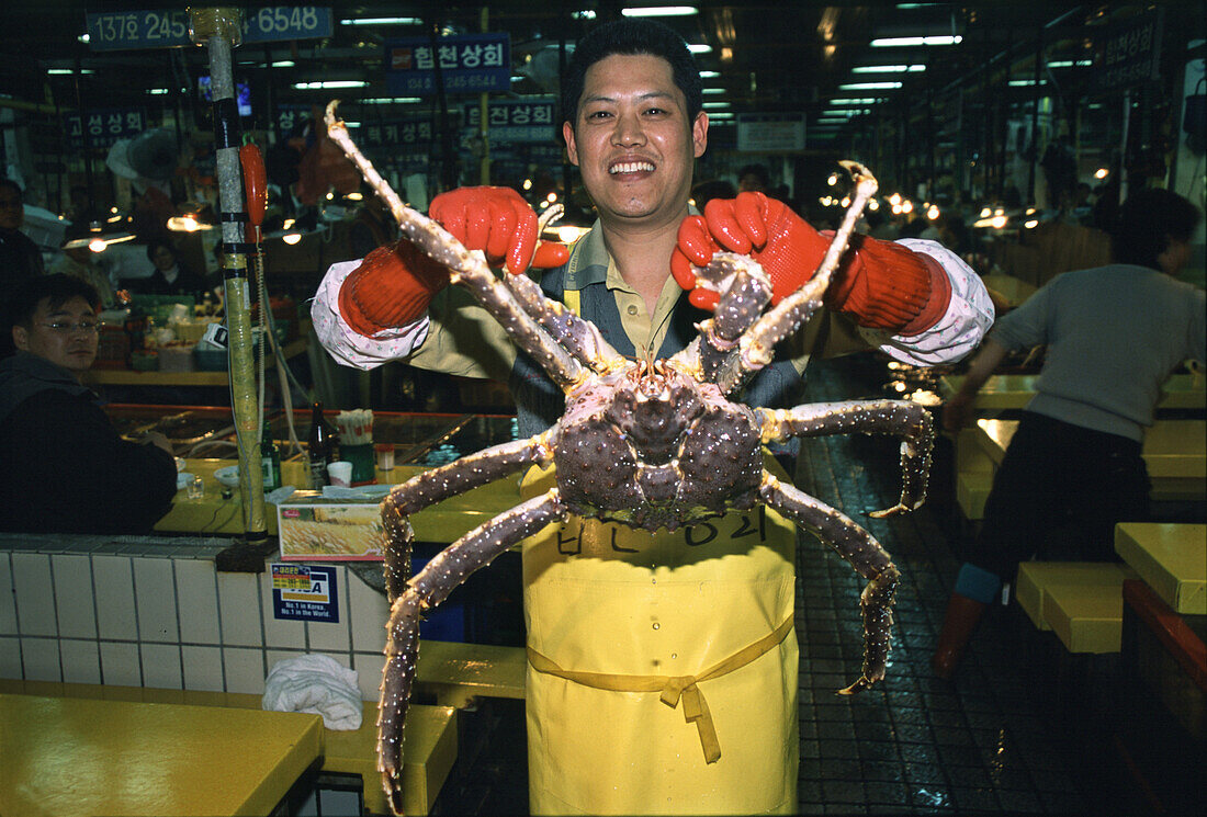 Mann auf dem Chagalchi Fischmarkt zeigt eine Riesenkrabbe, Busan, Südkorea, Korea, Asien