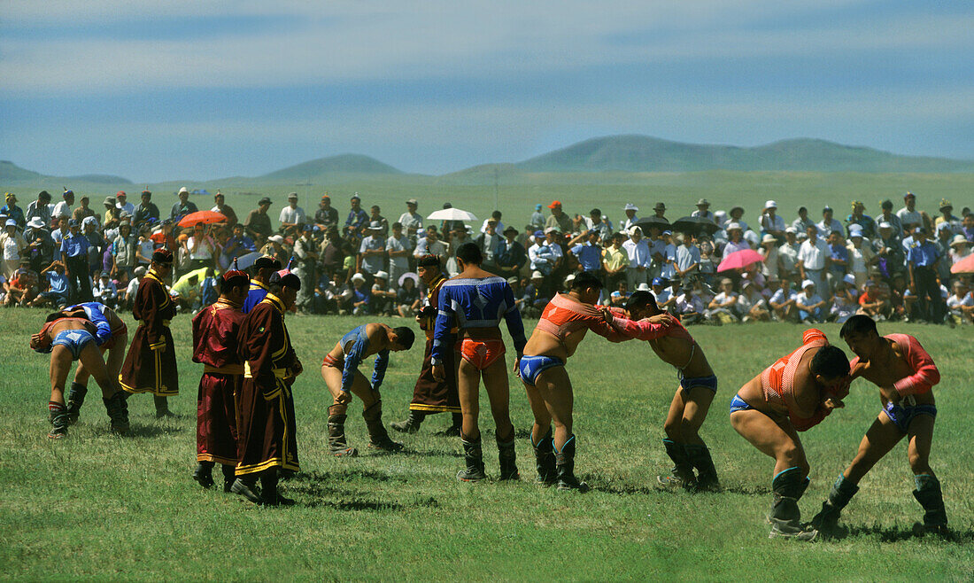 Wrestlers, Nadaam festival, Gobi Steppe, Mongolia Asia
