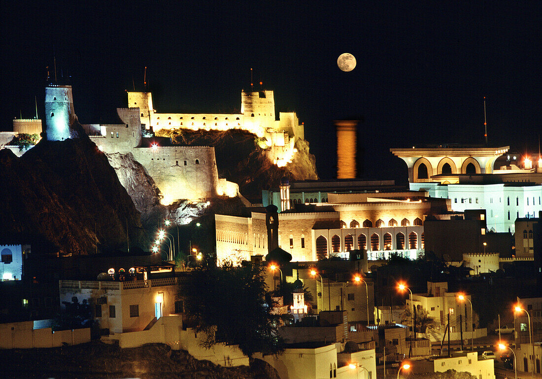 Fort Mirani and the Sultans Palace moon reflection, Muscat, Oman Middle East